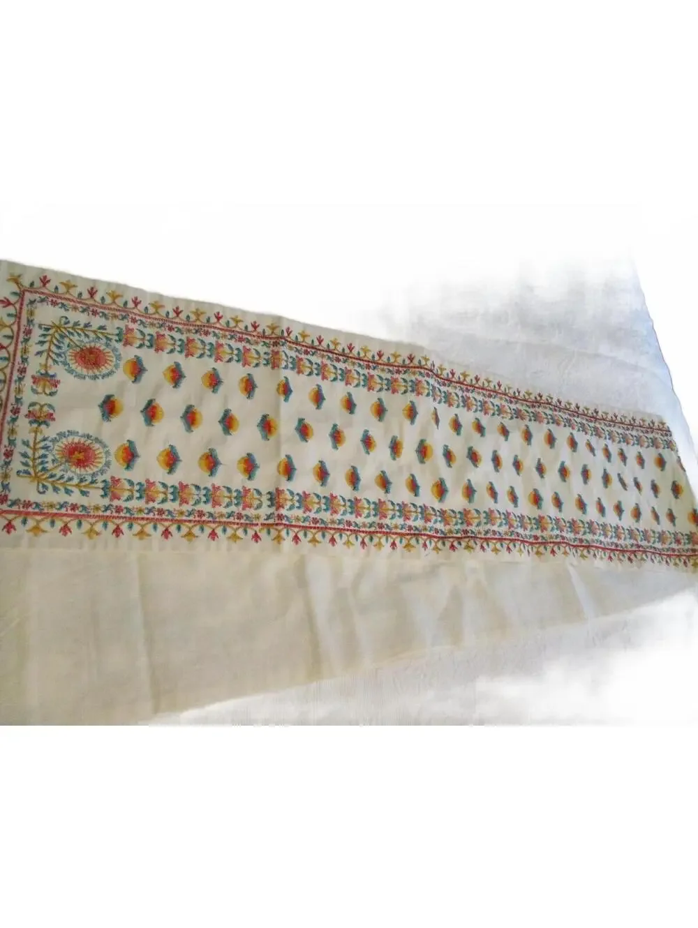 Vintage Indian Style Embroidered Table Runner 96x12 Boho Geometric Trim Cream